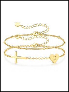 Gold Plated Initial Cross Bracelet Women Christian Jewelry Gift